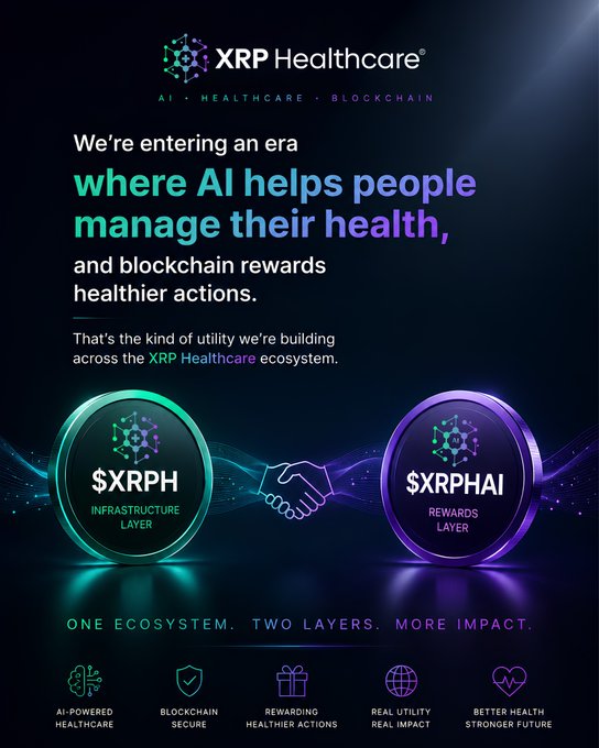 The image is a promotional graphic for XRP Healthcare showcasing their dual-token ecosystem: $XRPH (Infrastructure Layer) and $XRPHAI (Rewards Layer), featuring a handshake graphic between the two coins and highlighting their AI-powered healthcare and blockchain tagline "One Ecosystem. Two Layers. More Impact."

The post emphasizes that while crypto markets fluctuate, XRP Healthcare's real-world healthcare utility continues to progress, reinforcing the image's message of building practical AI and blockchain healthcare infrastructure beyond market volatility.