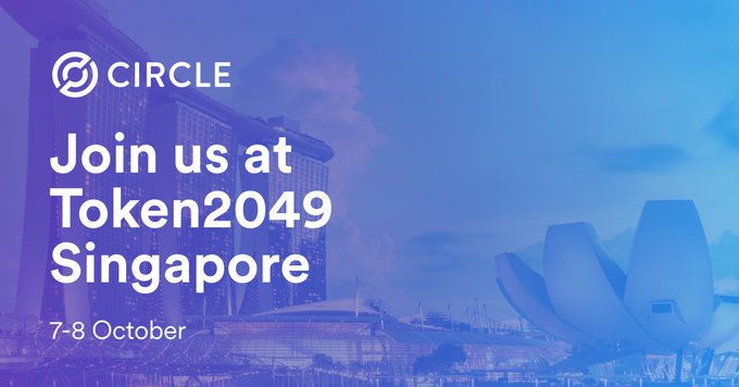 The image is a promotional graphic for Circle's presence at Token2049 Singapore on October 7-8, featuring the Circle logo alongside the iconic Marina Bay Sands hotel and ArtScience Museum silhouettes in a blue-toned Singapore skyline, with text reading "Join us at Token2049 Singapore 7-8 October" matching the post's invitation to attend demos and ecosystem conversations on Arc, USDC, and onchain finance.