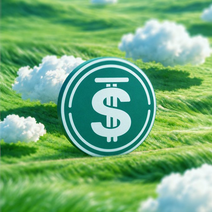 A green coin with a dollar sign symbol sits in a grassy field with scattered white clouds.