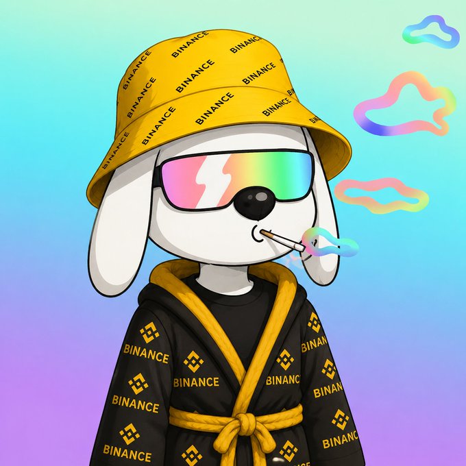 Cartoon dog mascot wearing a yellow Binance-branded bucket hat, rainbow reflective sunglasses, and a black Binance robe, smoking a joint with colorful smoke clouds.