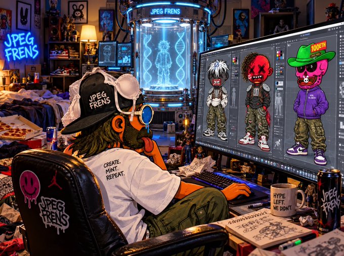 A cartoon digital artist wearing a 'JPEG FRENS' cap works at a cluttered desk with dual monitors displaying character designs, surrounded by 'JPEG FRENS' branding and graffiti.