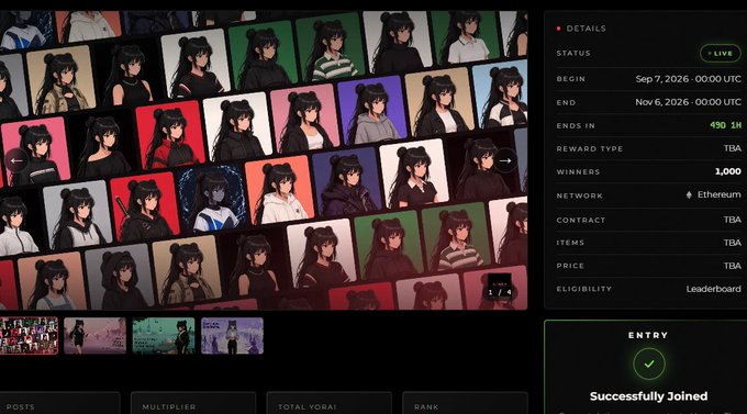 A screenshot of a webpage featuring a grid of anime-style profile pictures and a 'Successfully Joined' entry confirmation panel with details like 'Sep 7, 2026' and 'Ethereum'.