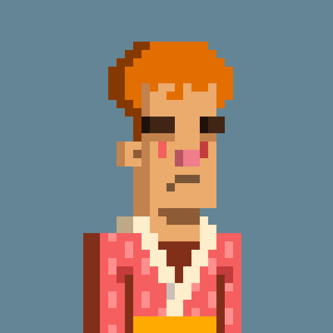A pixel art portrait of a red-haired character with angular features wearing a pink and white shirt against a blue background.
