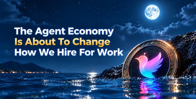 A graphic with a moonlit ocean background displays the text "The Agent Economy Is About To Change How We Hire For Work" alongside a colorful hummingbird logo within a circular emblem.