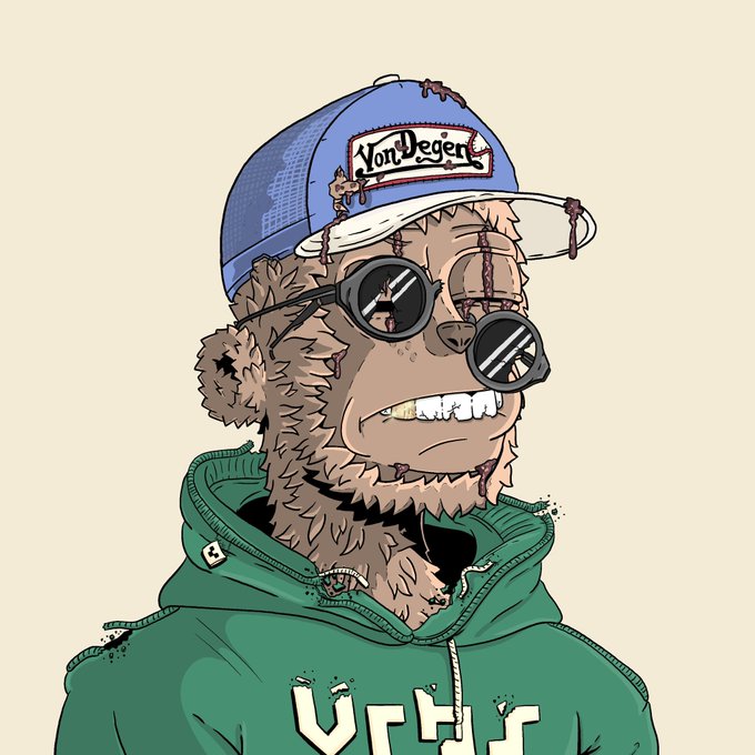 A cartoon-style illustration of a furry, scruffy character wearing a blue 'Von Dutch' cap, round sunglasses, and a green hoodie.