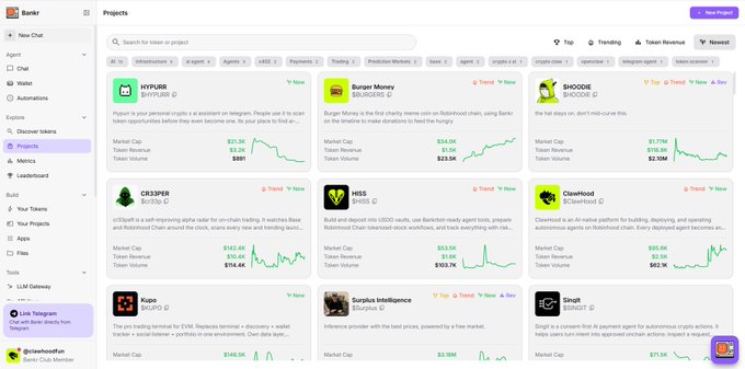 A Bankr app screenshot of the Projects page, displaying various crypto tokens/agents (HYPUR, Burger Money, SHOOIE, CR3PER, HISS, Crawflood, Kyro, Surplus Intelligence, Singl) sorted by Token Revenue with their market caps and revenue figures.