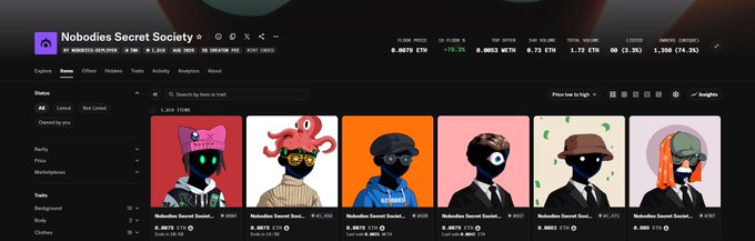 The image shows a screenshot of the Opensea marketplace displaying the "Nobodies Secret Society" NFT collection page, featuring cartoon-style avatar characters with various traits like hats and hoodies, all priced at 0.0079 ETH, with the collection's stats showing a 73.3% increase (35th percentile) and 69 owners. The listing aligns with the post about "gmINK" doing sweeps on the QWO blockchain, as the user appears to be browsing or purchasing items from this NFT collection on the marketplace.