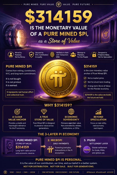 The infographic declares "$314159 is the monetary value of a Pure Mined $Pi as a Store of Value," elaborating that this figure represents the core value anchor of the Pioneer Economy rather than a market or speculative price. The post reinforces the infographic's message by emphasizing that Pure Mined Pi is not for short-term speculation but is instead built for generations as a stable, long-term store of value anchored by contribution and utility.