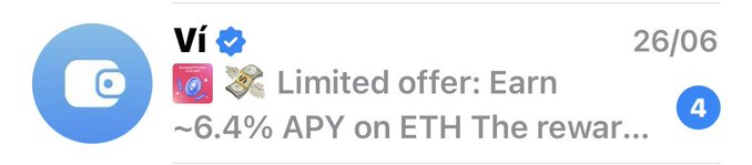 A messaging notification from a wallet or exchange app with a verified checkmark, displaying the message: 'Limited offer: Earn ~6.4% APY on ETH The rewar...' dated 26/06 with a blue '4' badge.