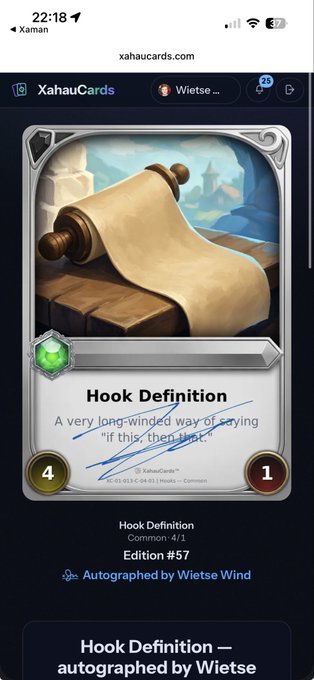 A screenshot of a digital collectible card called 'Hook Definition' on xahaucards.com, autographed by Wietse Wind, with edition #57.
