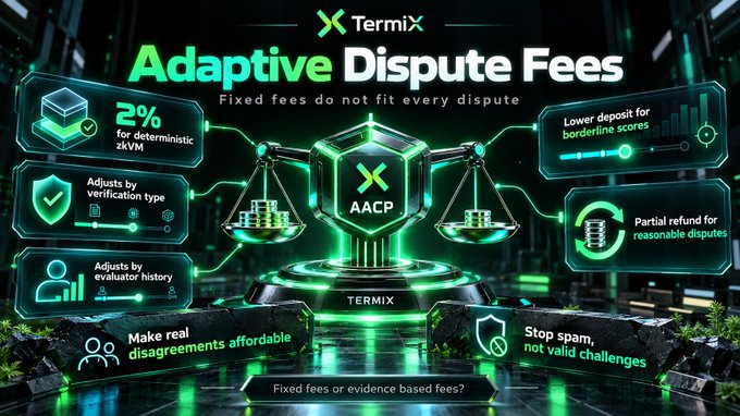 A promotional graphic for TermiX featuring 'Adaptive Dispute Fees' with the AACP logo and features like 2% for deterministic zkVM, adjustments by verification type, and lower deposits for borderline scores.