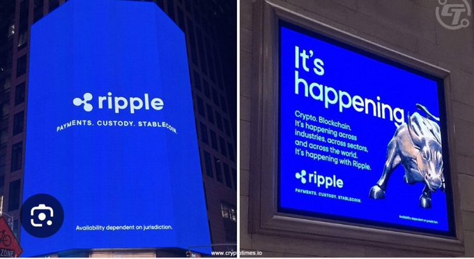 Two large advertisements for Ripple displaying its logo and tagline "Payments. Custody. Stablecoin." The right billboard features a bull and text reading "It's happening — Crypto, Blockchain, it's happening across industries, across sectors, and across the world."
