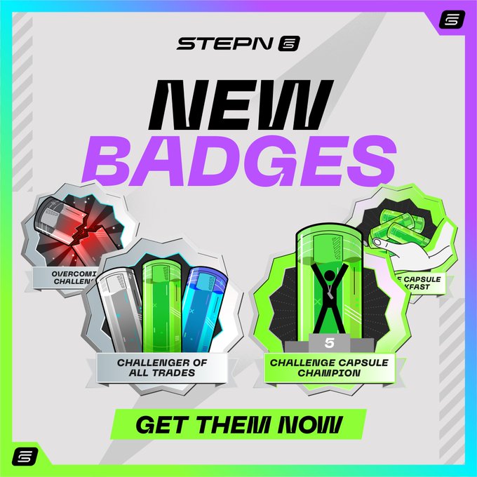 This graphic from STEPN announces "New Badges" like "Overcoming Challenge," "Challenger of All Trades," and "Challenge Capsule Champion," which are unlocked by completing challenges and opening capsules.