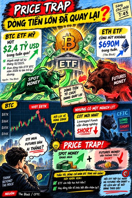 An infographic in Vietnamese about Bitcoin and crypto market dynamics, mentioning BTC ETF Mỹ with $2.4 billion, ETH ETF of $690M, and discussing price traps between spot and futures money.