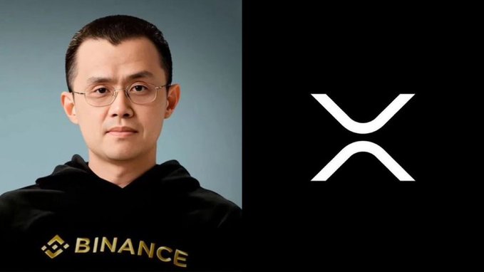 Split image showing a portrait of Changpeng Zhao (CZ) in a Binance hoodie alongside the white XRP logo on a black background.
