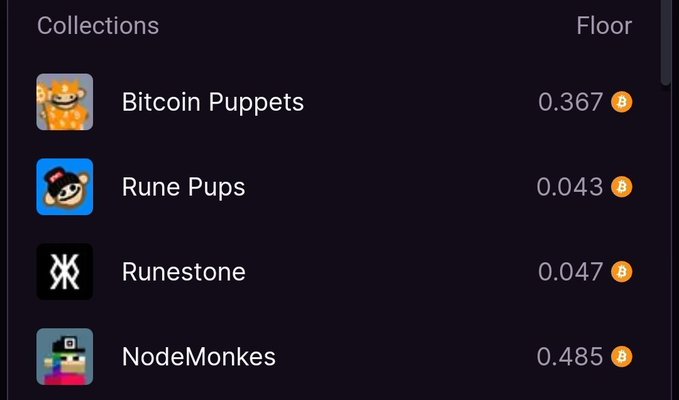 A cryptocurrency collection list showing Bitcoin Puppets (0.367), Rune Pups (0.043), Runestone (0.047), and NodeMonkes (0.485) with their respective floor prices in BTC.