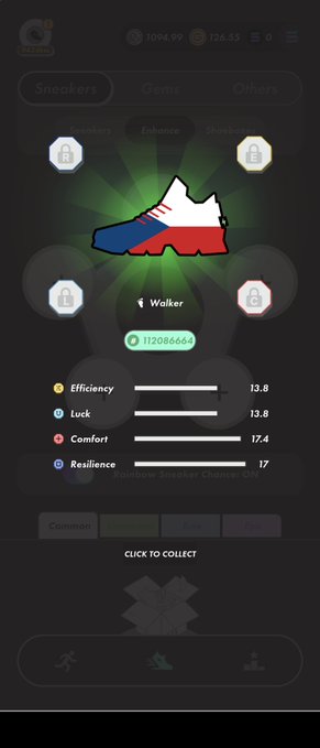The image shows a black screen displaying an app called "StepN" with a white shoe icon, which appears to be a sneaker. The app has a rating system for shoes, as indicated by the green light shining on the shoe icon. The app also features a "Collect" button and a "Collect" button that says "X".