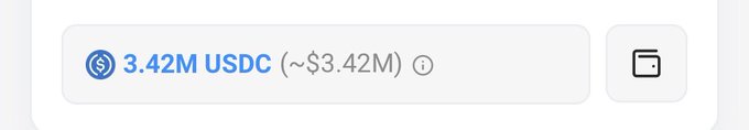 The image shows a wallet balance display indicating "3.42M USDC (~3.42M)" alongside a copy icon, visually confirming the whale's holdings referenced in the post about their $3.42M purchase of $BRAINROT.