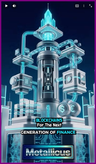 A futuristic illustration of a financial infrastructure machine with the text 'BLOCKCHAINS FOR THE NEXT GENERATION OF FINANCE' and the Metallicus logo.