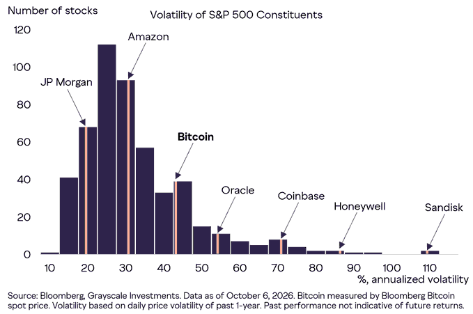 A histogram showing the volatility distribution of S&P 500 constituents, with Bitcoin highlighted at 43% volatility—lower than only 19% of S&P 500 stocks. Notable labeled companies include JP Morgan (~20%), Amazon (~30%), Oracle (~55%), Coinbase (~70%), Honeywell (~87%), and Sandisk (~110%), illustrating that Bitcoin's realized volatility is comparable to many established large-cap stocks.