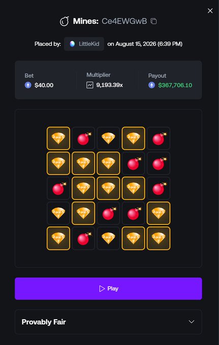 The image shows a Mines game result from Shuffle.com, where player "LittleKid" placed a $40.00 bet on August 15, 2026, and cashed out at a 9,193.39x multiplier for a $367,706.10 payout. This visually represents the massive win celebrated in the post "CASHED $367,000 - Light work! @shufflecom."