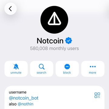 A Telegram profile page for the Notcoin bot (@notcoin_bot), showing 580,008 monthly users and an 'also @notlin' handle with options to unmute, search, block, and more.