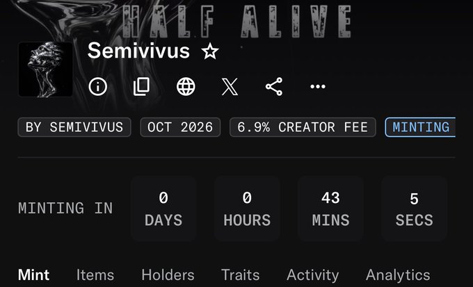 The image shows a countdown timer for an NFT collection called "Semivirus" by Semivirus, scheduled to mint in October 2026 with a 6.9% creator fee, displaying 0 days, 0 hours, 43 minutes, and 5 seconds remaining. The image relates to the post's warning by emphasizing the urgency of verifying minting costs before signing any transaction, as the impending launch could lead users to act hastily.