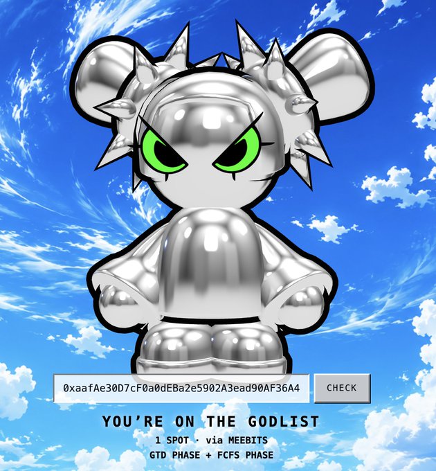 A chrome-textured Meebit character with green eyes stands against a bright blue cloudy sky, with a wallet address (0xaafAe30D7cF0a0dEBa2e5902A3ead90AF36A4), a "CHECK" button, and the text "YOU'RE ON THE GODLIST — 1 SPOT via MEEBITS — GTD PHASE + FCFS PHASE," confirming the user's eligibility for The GodPull NFT mint.