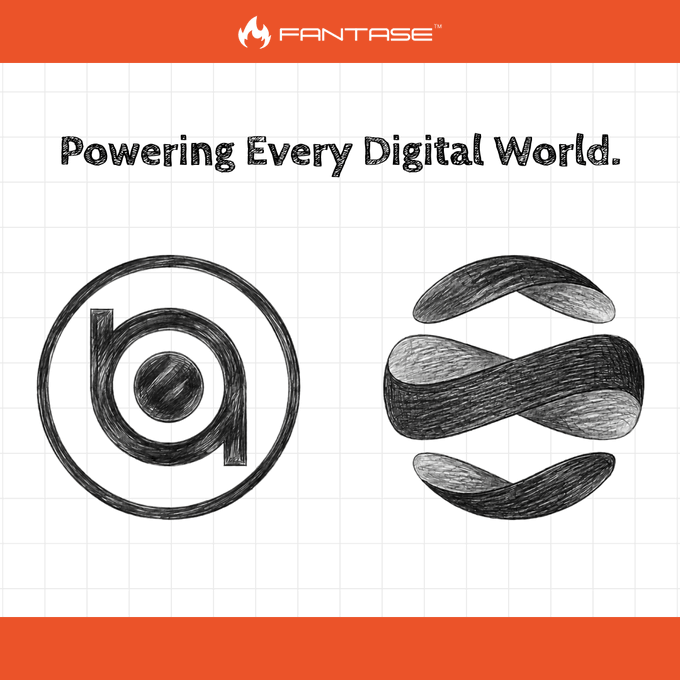 A promotional graphic for 'FANTASE™' with the tagline 'Powering Every Digital World,' featuring hand-drawn black sketches of a circular logo and a wavy infinity-like symbol on grid paper.
