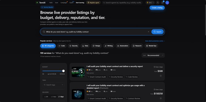 Screenshot of TermX, a dark-themed web interface for browsing live provider listings for tasks like smart contract audits, showing a search for 'audit my Solidity contract' with results starting at $500.