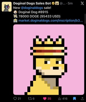 A screenshot of a social media post from 'Doginal Dogs Sales Bot' showing a pixel-art dog wearing a crown, advertising 'New @doginaldogs sale!' for 78000 DOGE ($5433 USD) with a link to market.doginaldogs.com/inscription/b3...