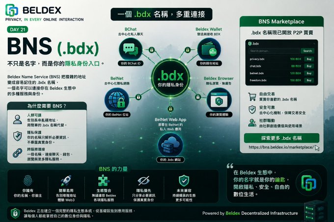 An informational graphic for BELDEX explaining the BNS (.bdx) Name Service in Chinese, showing its ecosystem components including BChat, Beldex Wallet, Beldex Browser, and a BNS Marketplace.