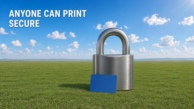 A large silver padlock attached to a blue card stands in an open green field under a blue sky with clouds, with the text 'ANYONE CAN PRINT SECURE' in the upper left.