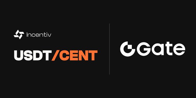 A black graphic displaying 'Incentiv USDT/CENT' on the left and the 'Gate' exchange logo on the right, separated by a vertical line.