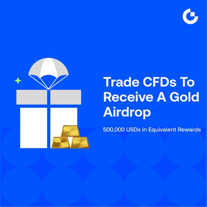 A blue promotional graphic for a financial product featuring a white gift box with gold bars and a parachute, alongside the text 'Trade CFDs To Receive A Gold Airdrop' and '500,000 USDx in Equivalent Rewards' with a 'G' logo.