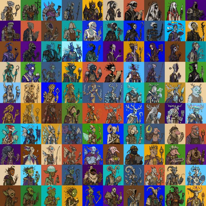 A colorful grid illustration featuring numerous fantasy character portraits, including warriors, mages, and creatures, each set against a different vibrant solid color background.