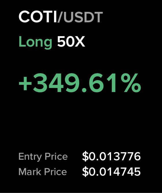 The image shows a COTI/USDT long position with 50x leverage currently up +349.61%, displaying an entry price of $0.013776 and mark price of $0.014745, visually illustrating the strong bullish performance referenced in the "$coti printing" caption.