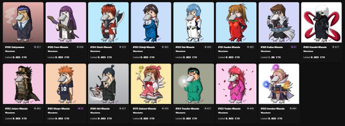 A collection of 16 Wassiemon NFT profile pictures labeled #366-#380, including variations like Daitouryou, Furin, Slash Wounds, Eiji Woads, and Samurai Wounds, each displayed on opensea.io with a starting price of 0.002 ETH, matching the user's share of their listed Wassieme collection.