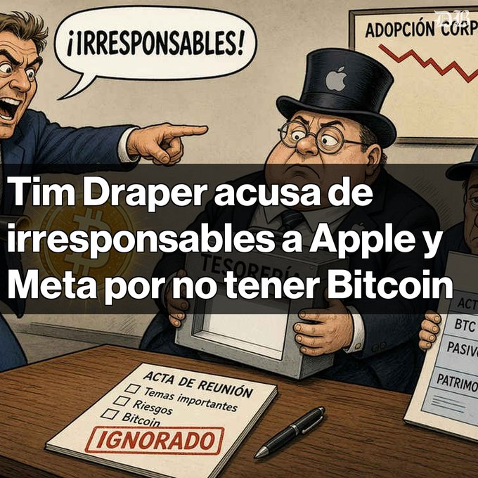 A cartoon illustration depicts Tim Draper accusing Apple and Meta of being irresponsible for not having Bitcoin, with a speech bubble reading "¡IRRESPONSABLES!".