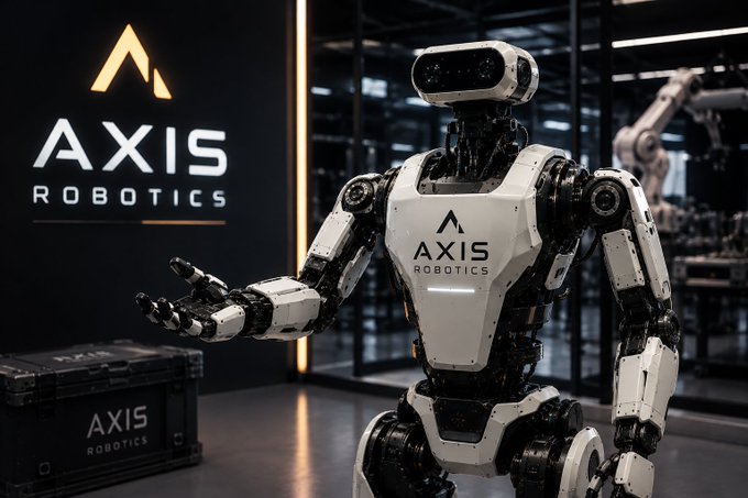 A humanoid robot stands next to an illuminated 'AXIS ROBOTICS' logo and branded case in a dimly lit industrial setting.