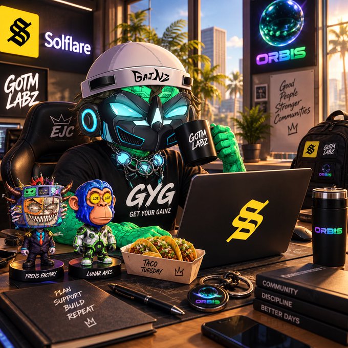 A colorful digital illustration of a green reptilian character in a gaming chair surrounded by merchandise, figurines, tacos, and laptops branded with 'Solflare', 'ORBIS', and 'GOTM LABZ'.