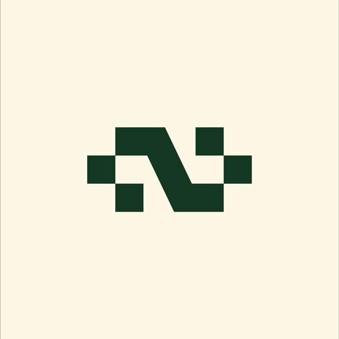 A minimalist logo featuring a stylized dark green 'N' design made of pixelated block shapes on a cream/off-white background.