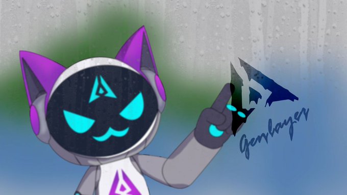 Digital artwork featuring a cartoonish cat-like character with glowing cyan eyes and purple headphones, raising a hand against a rainy window background, signed 'Gearlayer'.