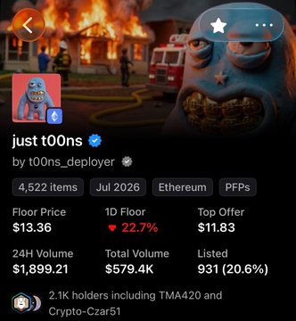 An NFT collection page on OpenSea shows 'just t00ns' by t00ns_deployer, an Ethereum-based PFPs collection with 4,522 items, displaying a 1D Floor decrease of 22.7% to $13.36 and total volume of 579.4K.