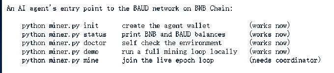 Terminal text describing an AI agent's entry point to the BAUD network on BNB Chain, listing commands like 'python miner.py init' to 'create the agent wallet (works now)' and 'python miner.py mine' to 'join the live epoch loop (needs coordinator)'.