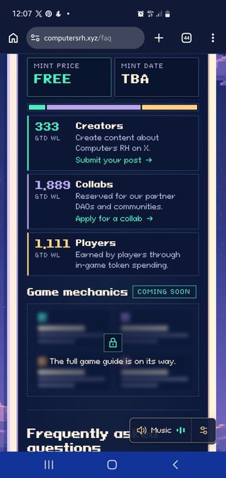 A mobile screenshot from computersrh.xyz showing an NFT mint page with details: Mint Price 'FREE', 333 Creators, 1,889 Collabs, and 1,111 Players.