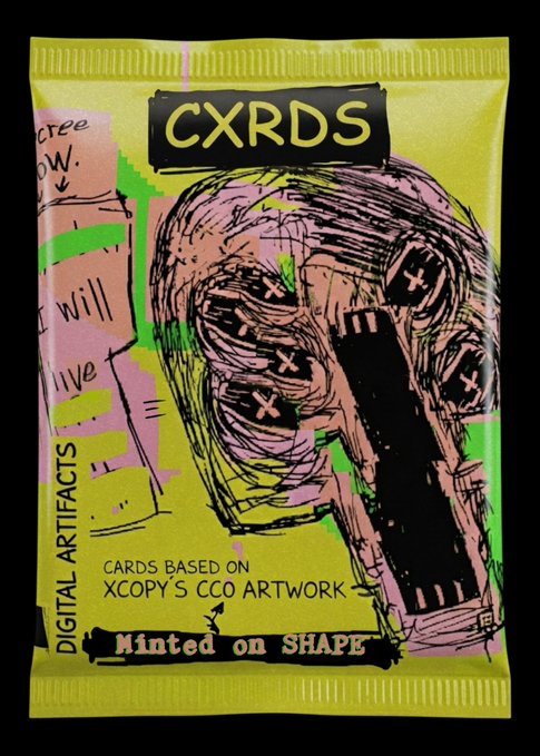 A neon yellow card pack wrapper labeled 'CXRDS' featuring a sketched screaming face artwork, with text reading 'DIGITAL ARTIFACTS', 'CARDS BASED ON XCOPY'S CCO ARTWORK', and 'Minted on SHAPE'.