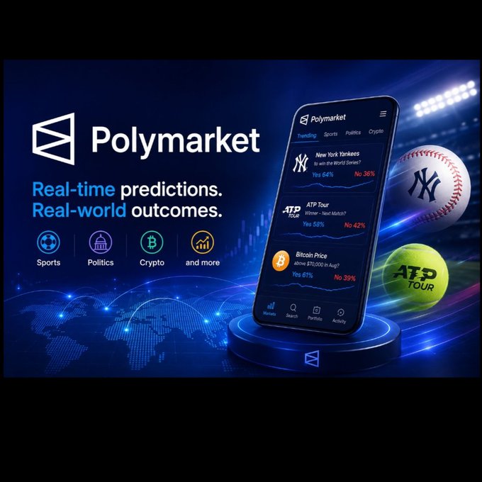 A promotional graphic for Polymarket reading "Real-time predictions. Real-world outcomes," with categories for Sports, Politics, and Crypto, showing a smartphone mockup with betting odds for the Yankees, ATP Tour, and Bitcoin Price alongside a baseball and tennis ball.