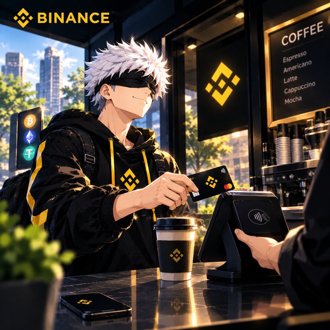 An anime-style character with white hair and a black mask is paying for coffee at a café using a Binance card at a contactless terminal, with a "BINANCE" logo and menu showing Espresso, Americano, Latte, Cappuccino, and Mocha visible in the scene. The image illustrates the Binance Card's convenient crypto payment functionality, complementing the post's message about payment priority and card control features.