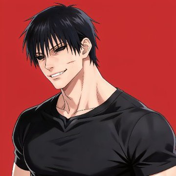 An anime-style illustration of a smiling dark-haired man in a black t-shirt against a solid red background.